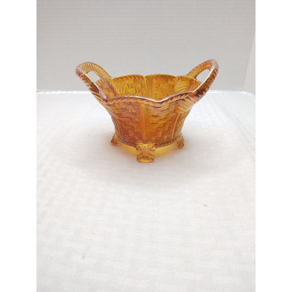 Northwood Marigold Carnival Glass Basketweave Footed Candy Dish Basket Vintage‎